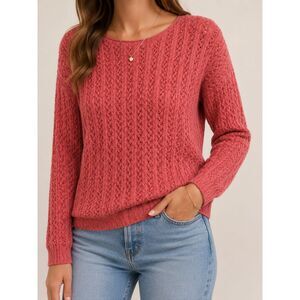 Wainscott Pink Cable Knit Sweater XL 100% Cotton Lightweight Cottagecore